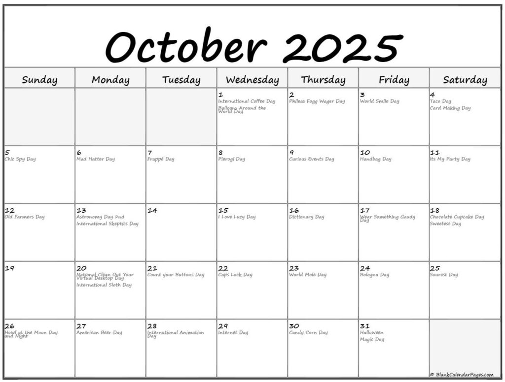 October 2025 With Holidays Calendar