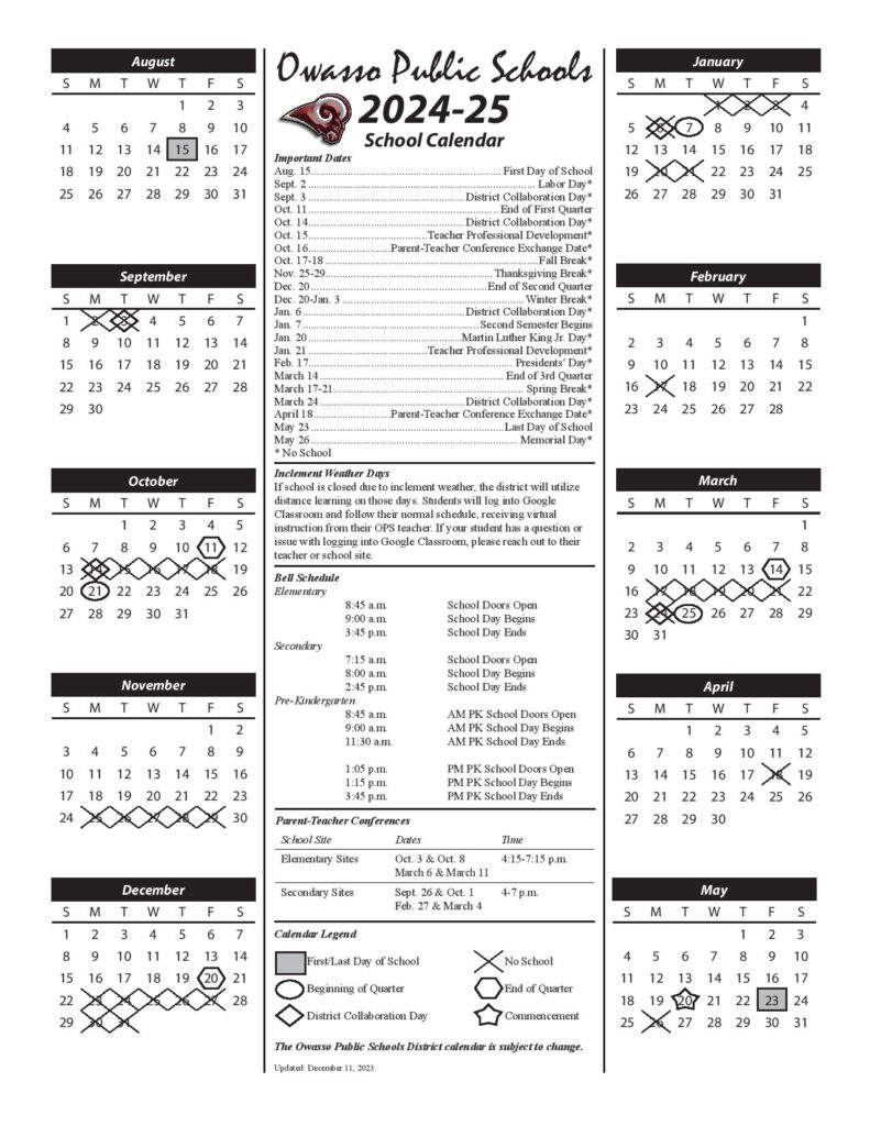 Owasso Public Schools Calendar 2024 2025 In PDF Oklahoma