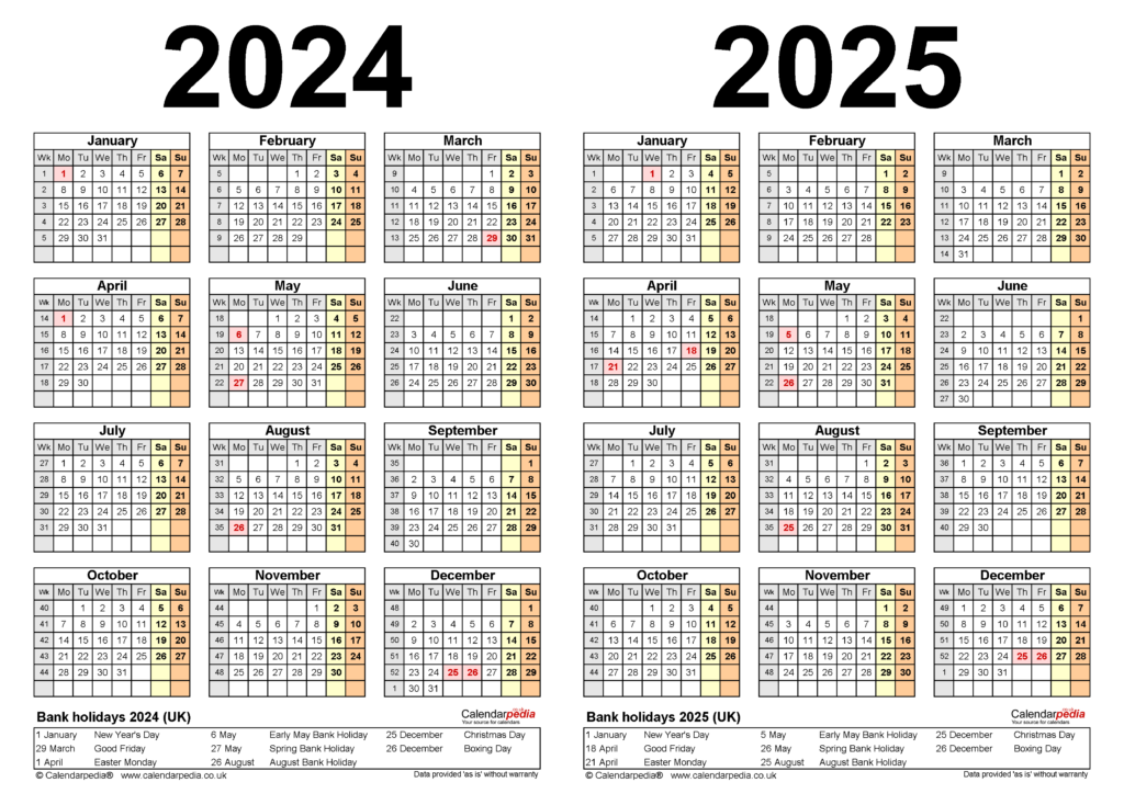 Printable Yearly Calendar 2024 And 2025 Best Ultimate Most Popular 