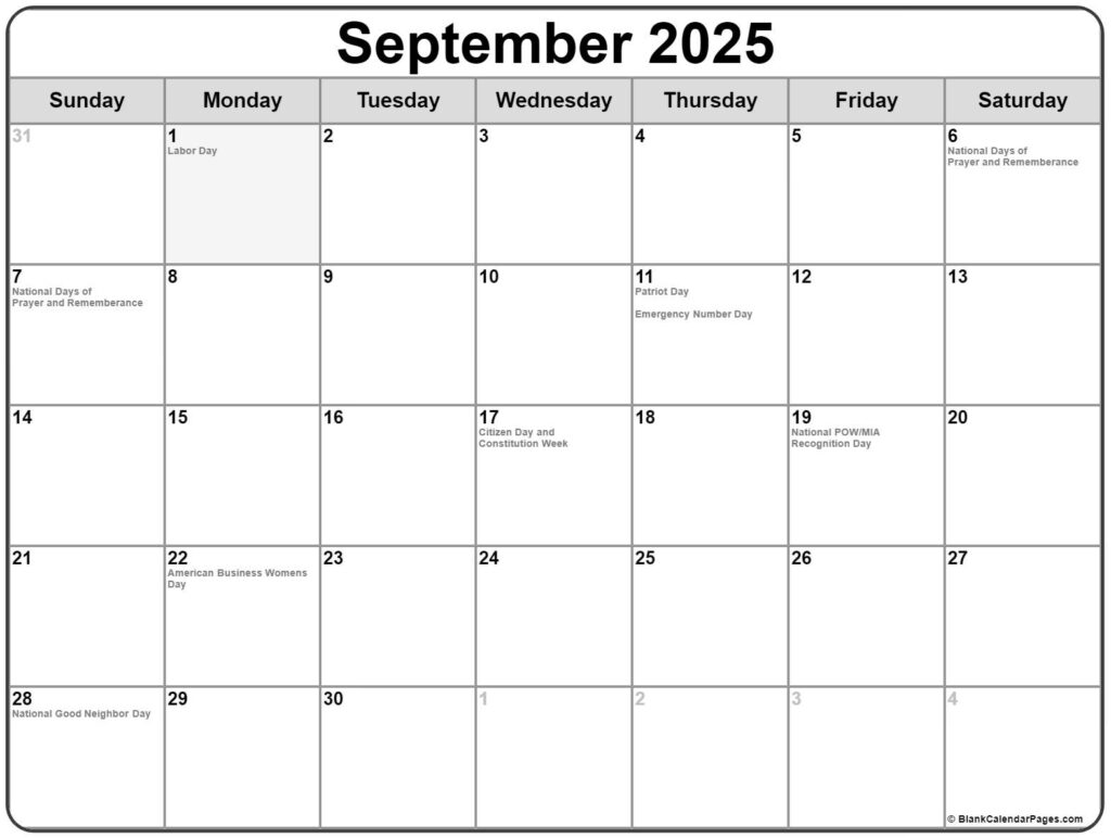 September 2025 With Holidays Calendar