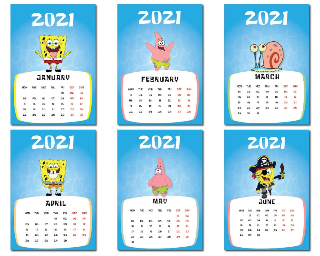 Spongebob Calendar Printable Calendar 2021 New Year Etsy