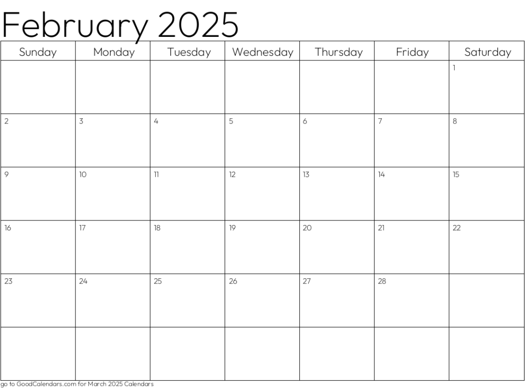 Standard February 2025 Calendar Template In Landscape