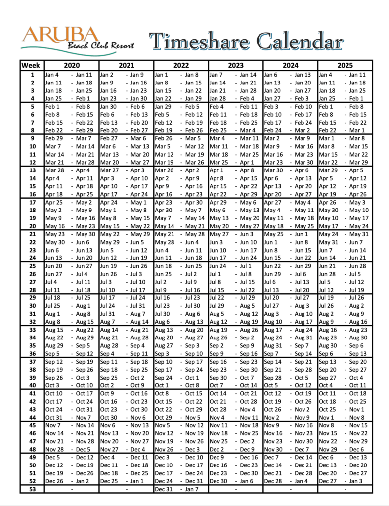 Timeshare 2025 Weeks Calendar Printable Checklist Template Luce Silvie