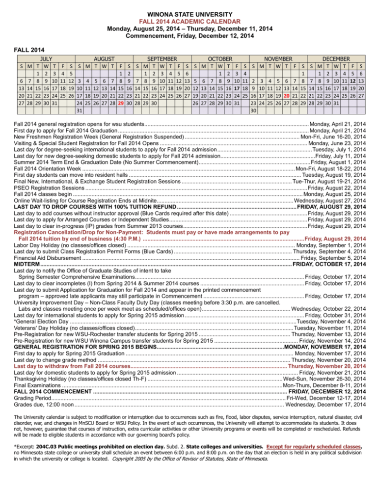 Winona State University Academic Calendar Universitycalendars