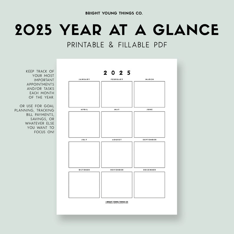 Year At A Glance Calendar 2025 Bullet Journal Elane Emmaline