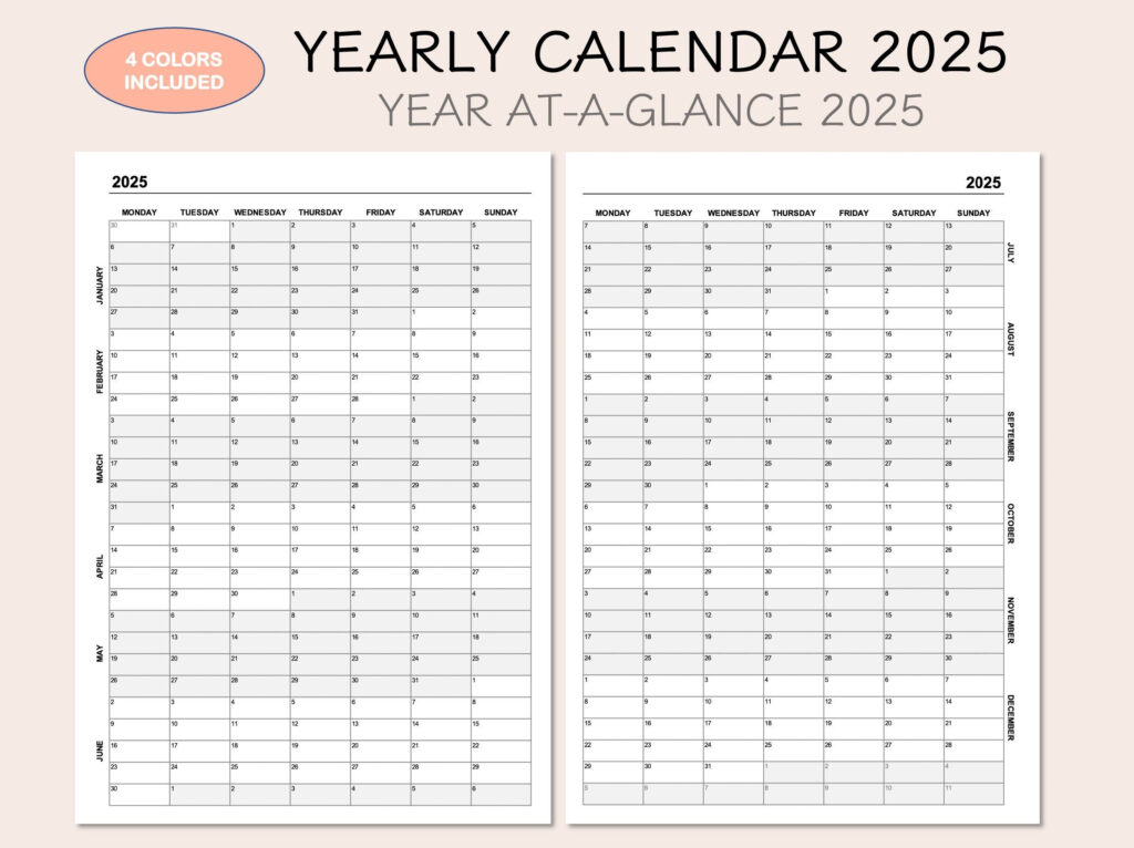 Yearly Calendar 2025 Printable Calendar 2025 Year At A Glance 2025 